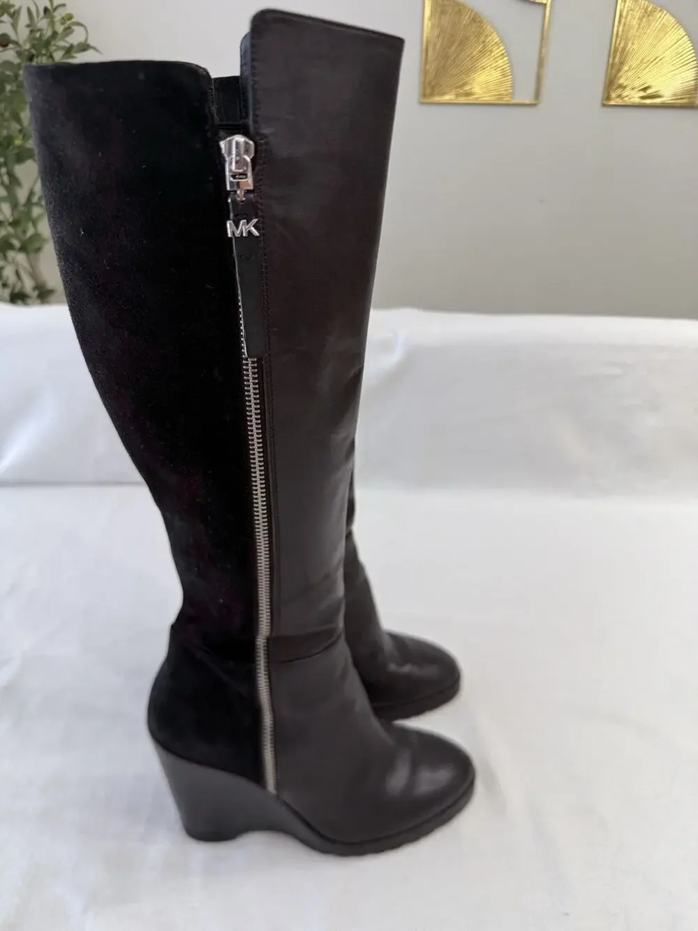 Michael Kors Clara Wedge Knee High Black Leather Women's Boots 6.5M Clean!